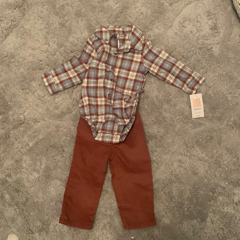 NWT Carters corduroy pant and button down shirt (onsie) set. 12 month
